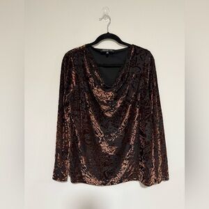 Jones New York Brown Velvet Burnout Drape Cowl Neck Long Sleeve Top Size XL